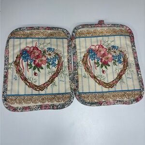 Floral Heart Quilted Pot Holders - Cream Pink Blue (Pair)